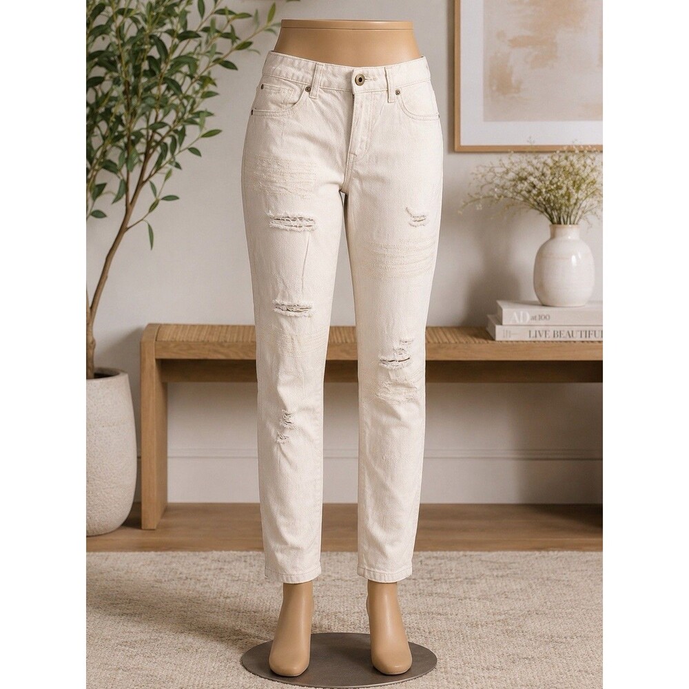W.A.U Women's White Denim Boyfriend Mid Rise Distressed 5-Pocket Jeans - 26
